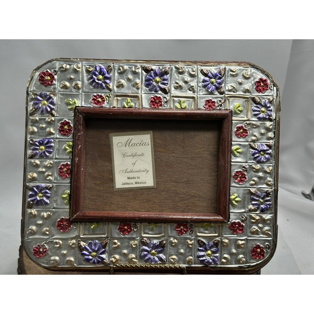 Macias Jalisco Mexico Handmade Embossed Tin Floral & Wood Frame Collectible